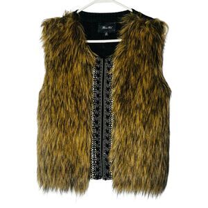 Miss Me Vest Coat Womens M Faux Fur Beaded Cable Knit Sleeveless Brown Gray‎ L